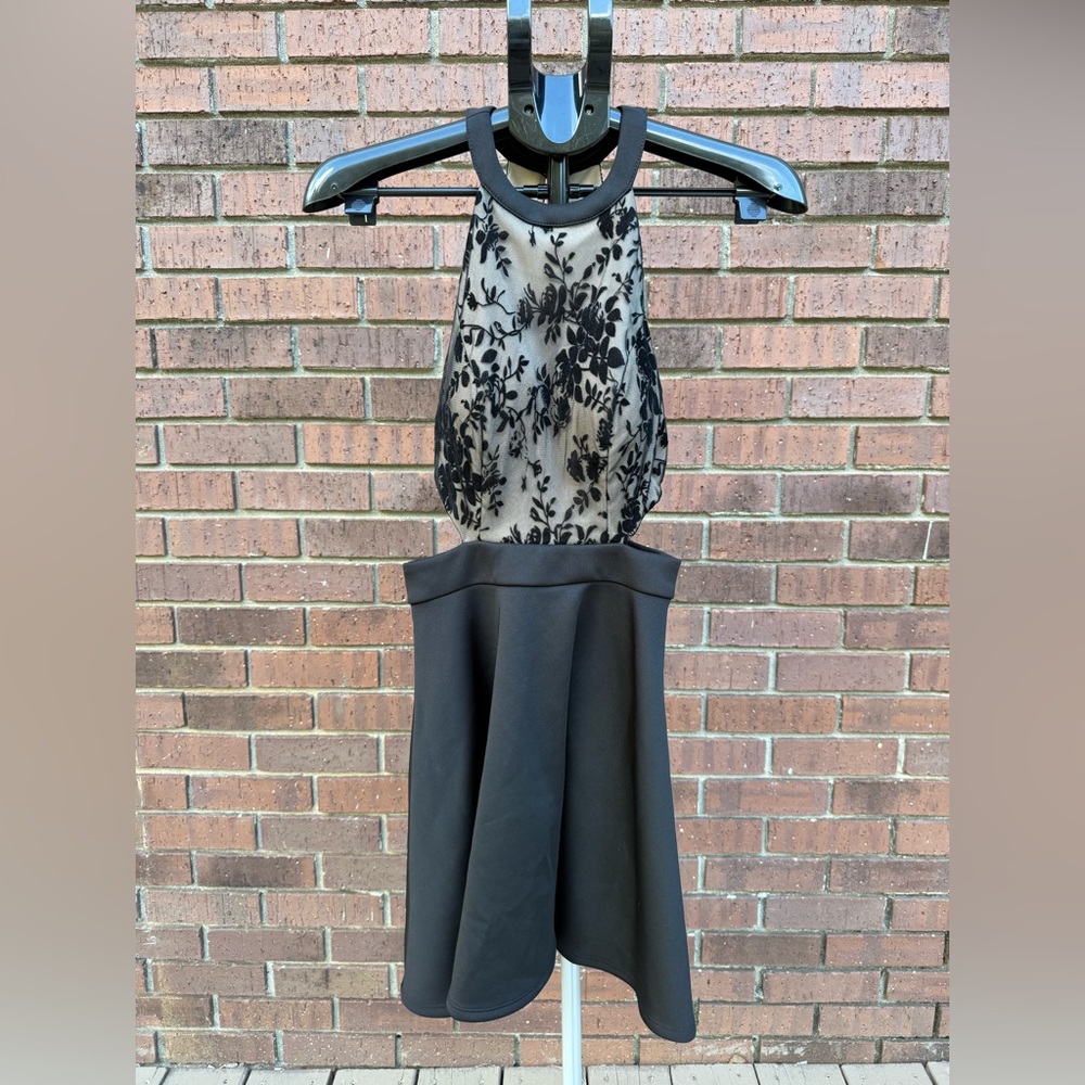 Xtraordinary Black Cocktail Mini Dress Semi-Formal Halter Mesh Overlay Size 3
